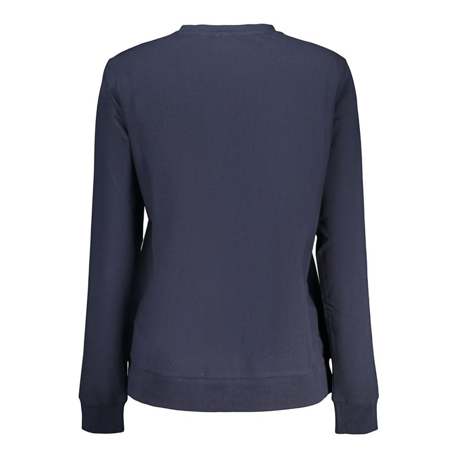 Dark blue cotton crew neck sweatshirt with long sleeves and white text on the chest