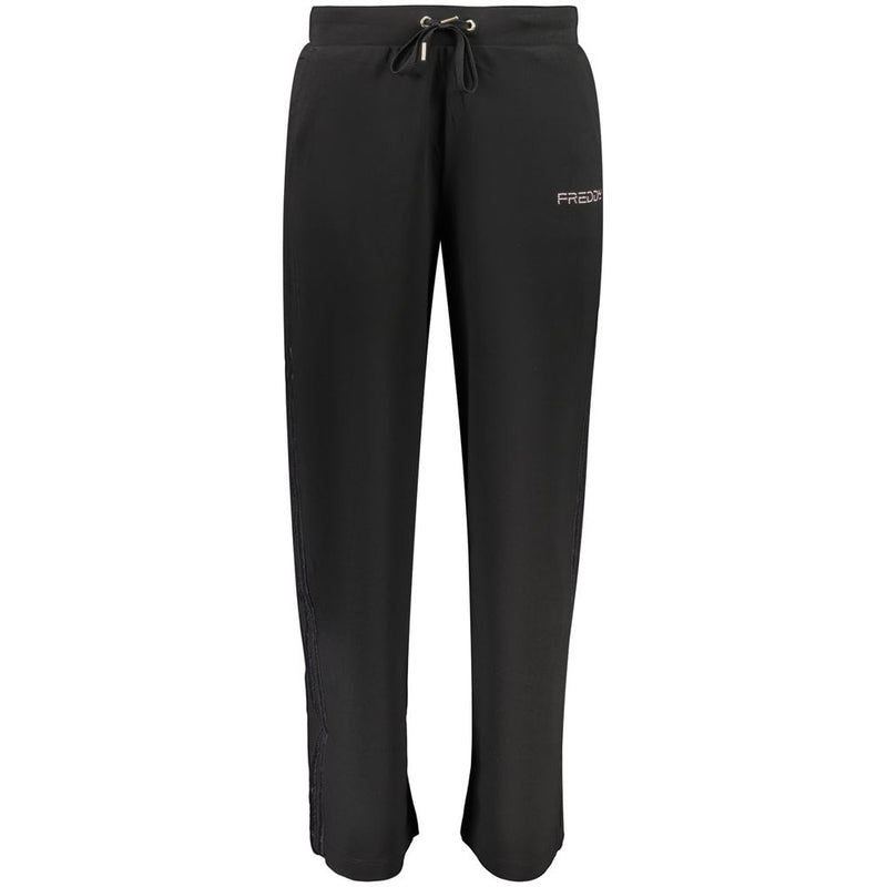 Black cotton women's trousers with a drawstring waist and relaxed fit