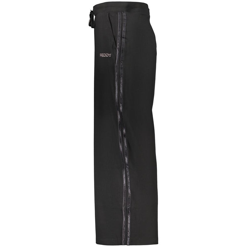Black cotton women's trousers featuring a drawstring waist and side stripes