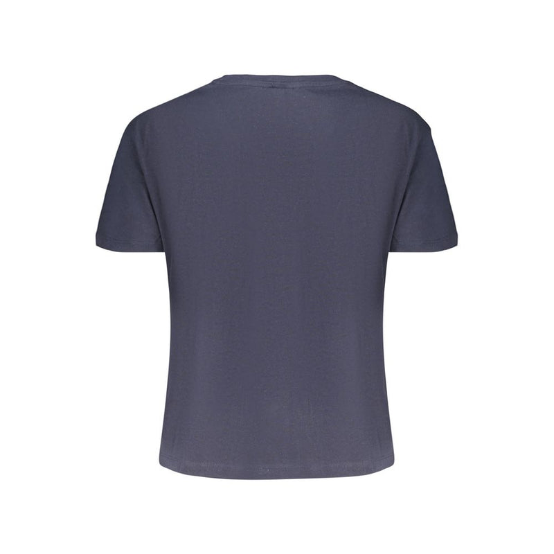 Back of a plain blue cotton women’s t-shirt