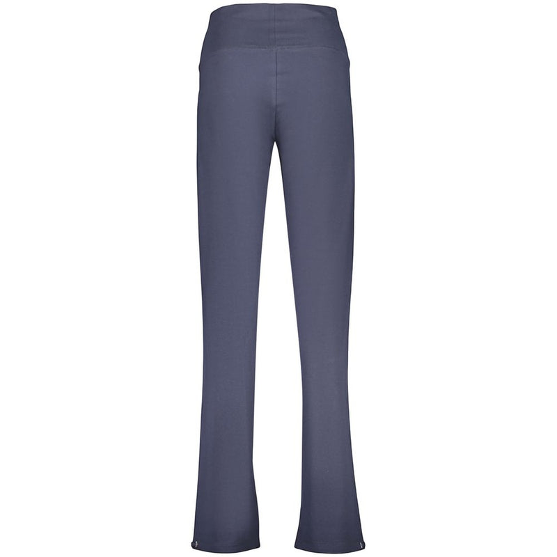 Blue cotton women's trousers with a wide waistband and straight legs seen from the back