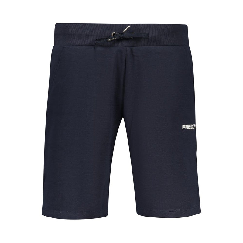 Dark blue cotton women shorts with a drawstring waistband and small white logo on the leg