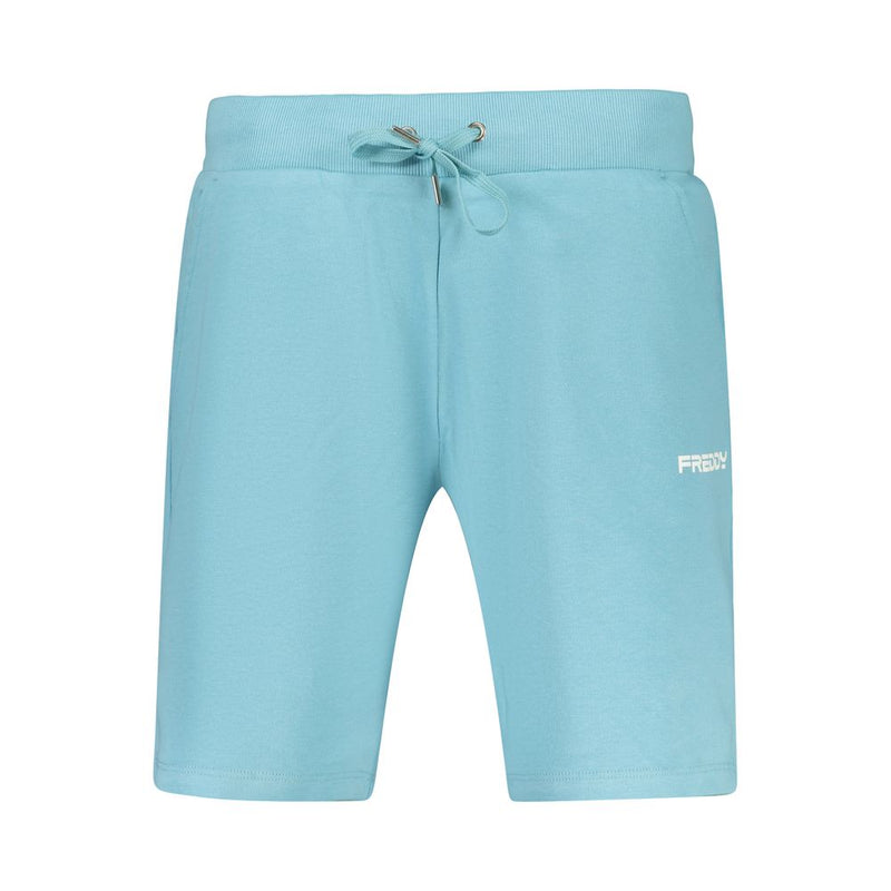 Light blue cotton women's shorts with a drawstring waistband and white logo