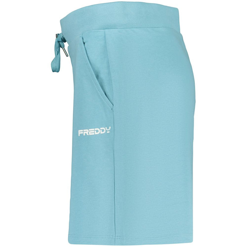 Light blue cotton women's shorts with a drawstring waistband and a pocket