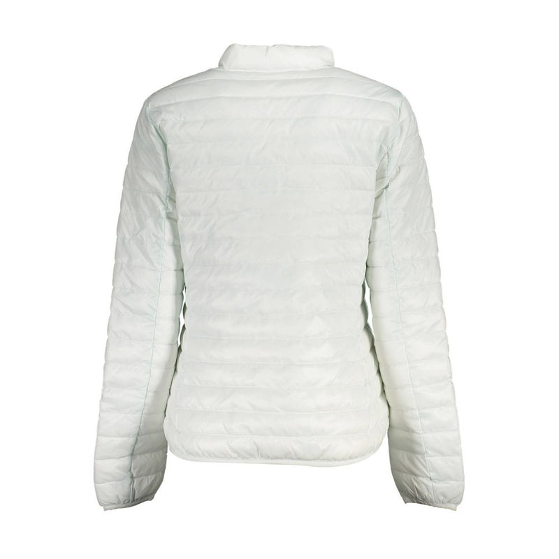 White polyamide quilted puffer jacket with stand collar shown from the back