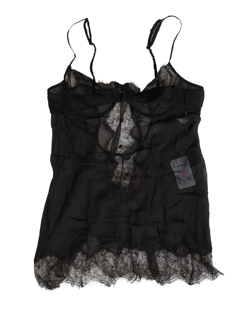 Black silk and lace lingerie camisole top with thin straps and sheer panels