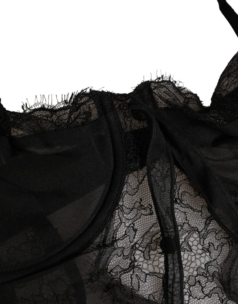 Black silk and lace lingerie top featuring sheer mesh and delicate scalloped trim