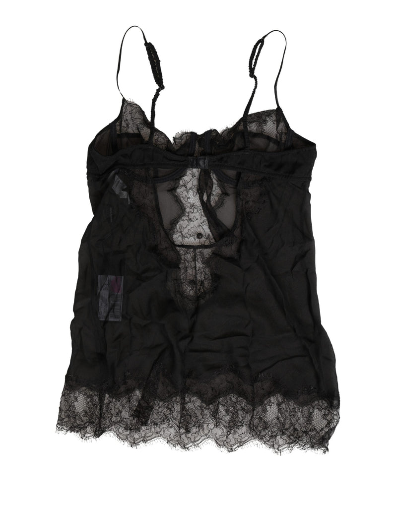 Black silk chemise top with delicate lace trim and spaghetti straps