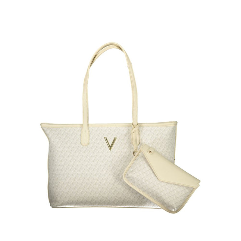 Beige polyurethane tote bag with double top handles and a matching pouch