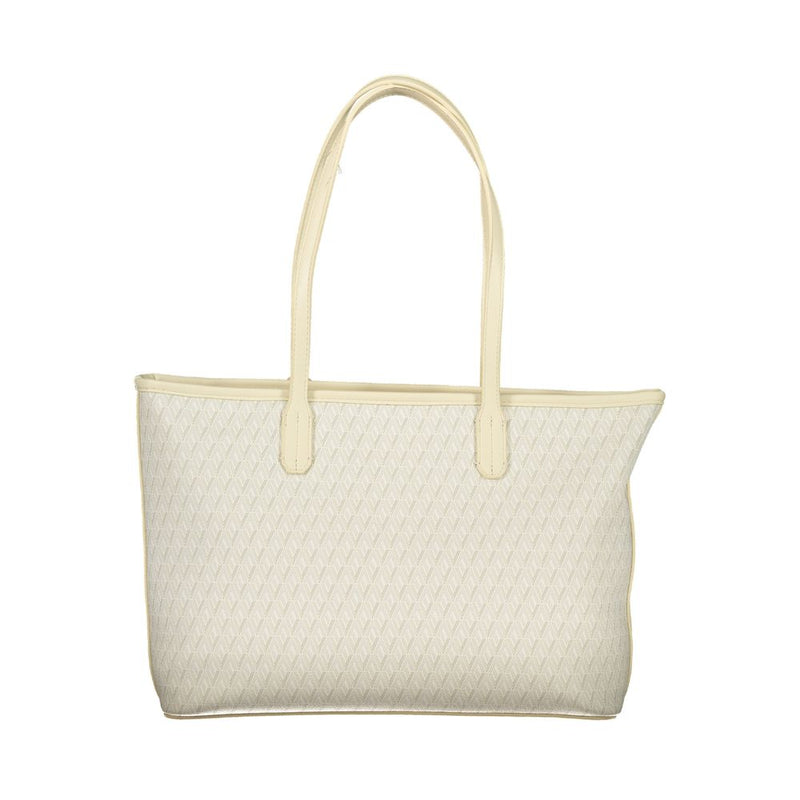 Beige polyurethane tote bag with double shoulder straps and patterned exterior