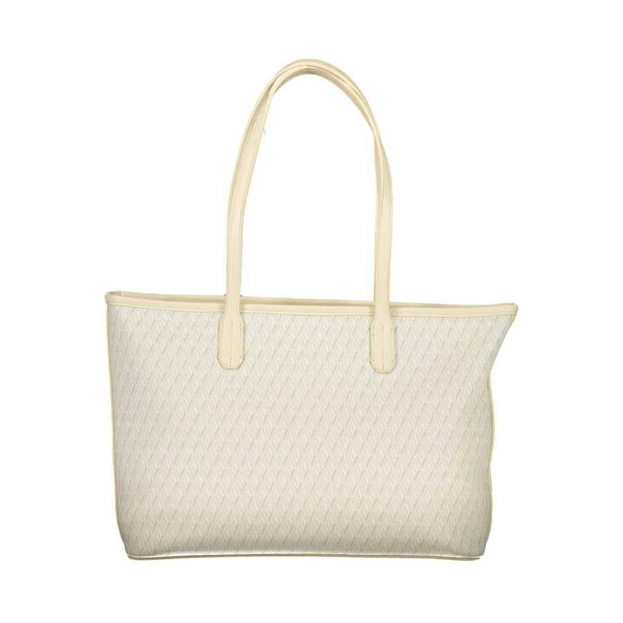 Beige polyurethane tote bag with double top handles and a matching pouch