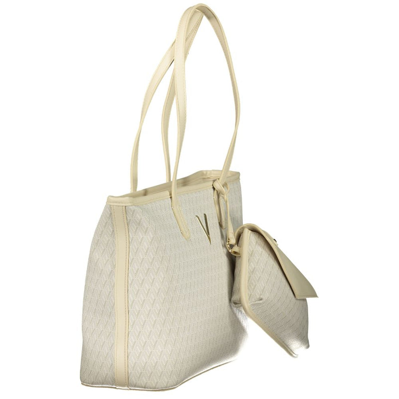 Beige polyurethane tote bag with twin handles and a matching detachable pouch