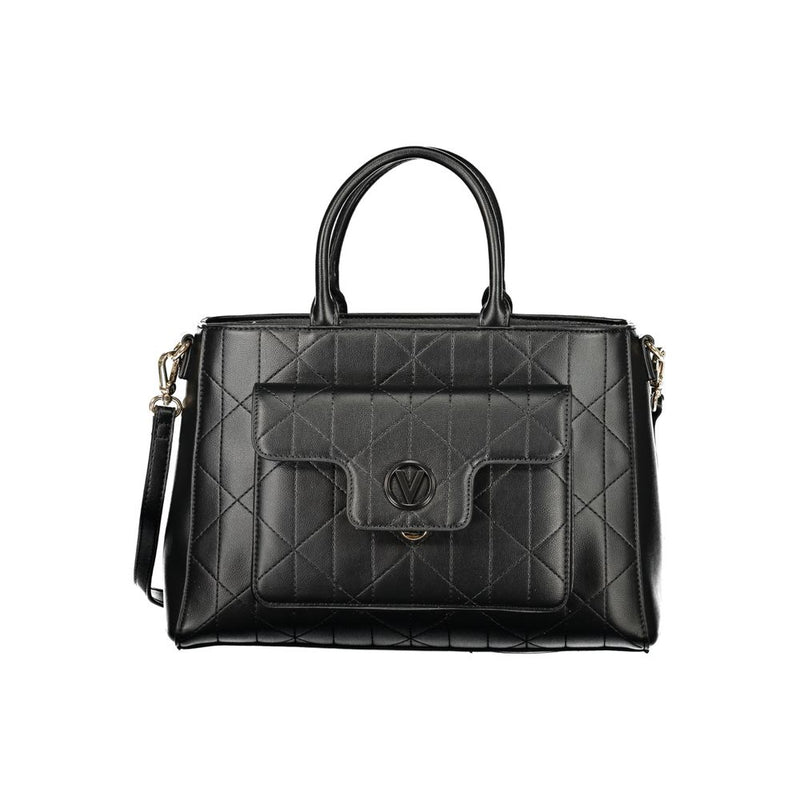 Black polyurethane quilted structured handbag with dual top handles and a front pocket