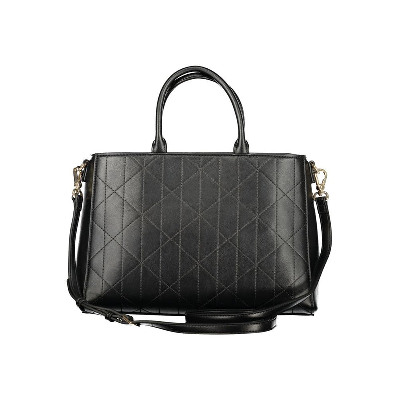 Black quilted polyurethane women's handbag with dual top handles and a shoulder strap