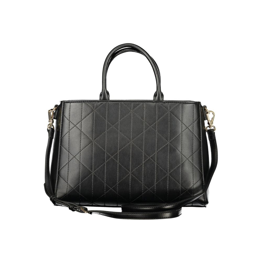 Black polyurethane quilted structured handbag with dual top handles and a front pocket