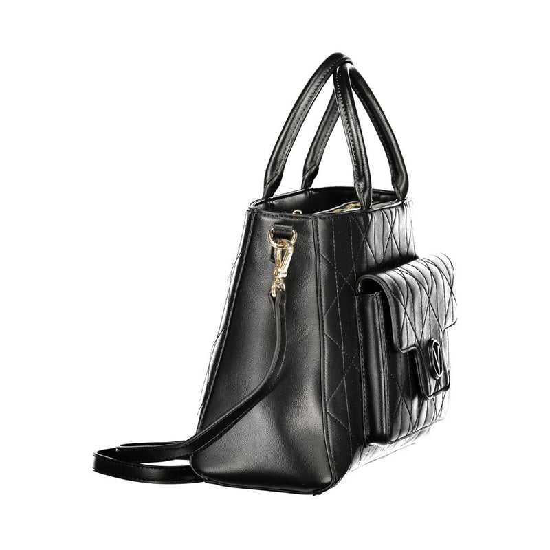 Black polyurethane quilted women's handbag with top handles and front pocket