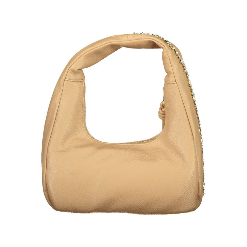 Beige polyurethane hobo shoulder bag with a pebbled texture and gold chain strap