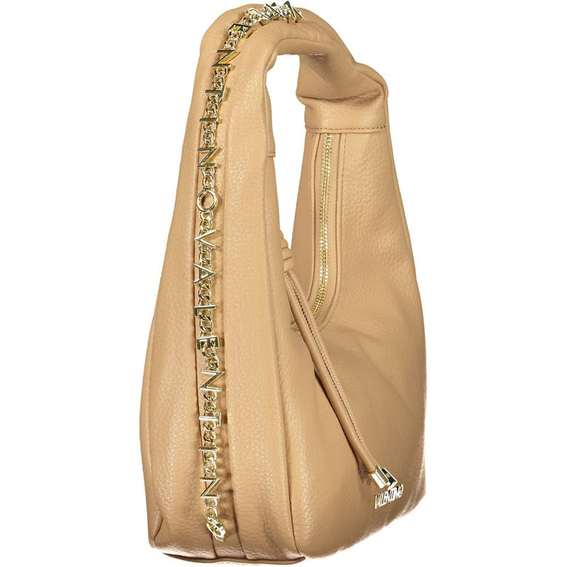 Beige polyurethane hobo shoulder bag with a gold chain strap