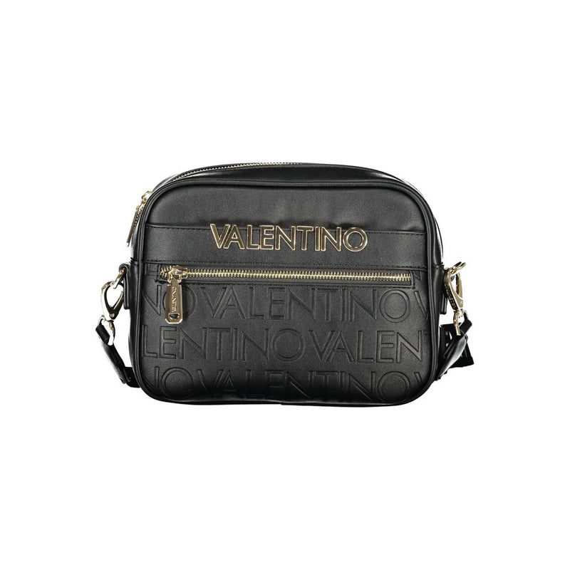 Black polyurethane Mario Valentino crossbody bag with gold hardware and embossed logo lettering