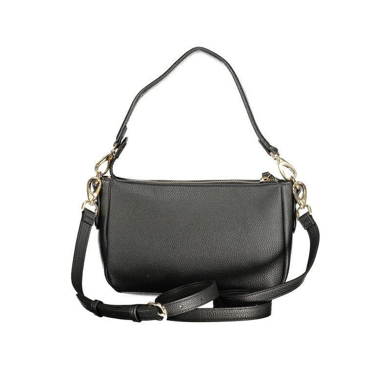 Black polyurethane textured shoulder bag with gold hardware and removable straps
