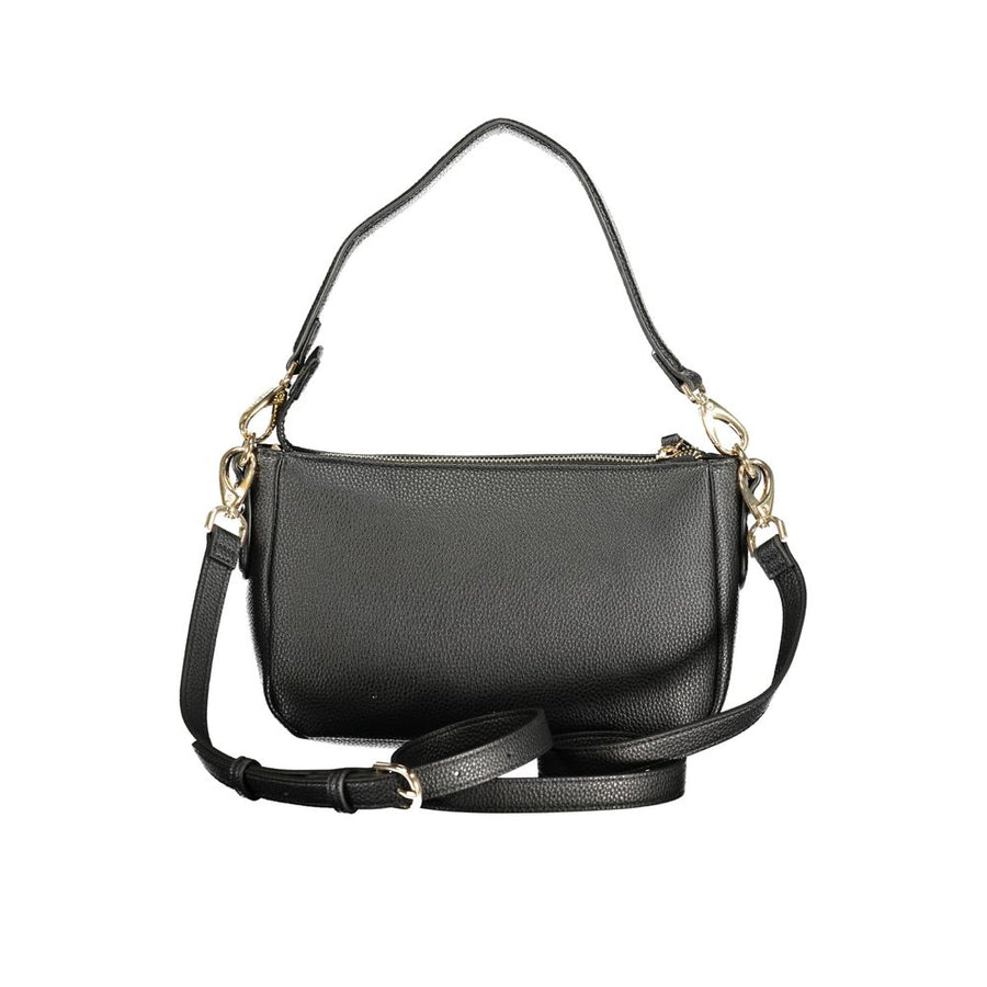 Black polyurethane shoulder bag with gold hardware and Valentino logo