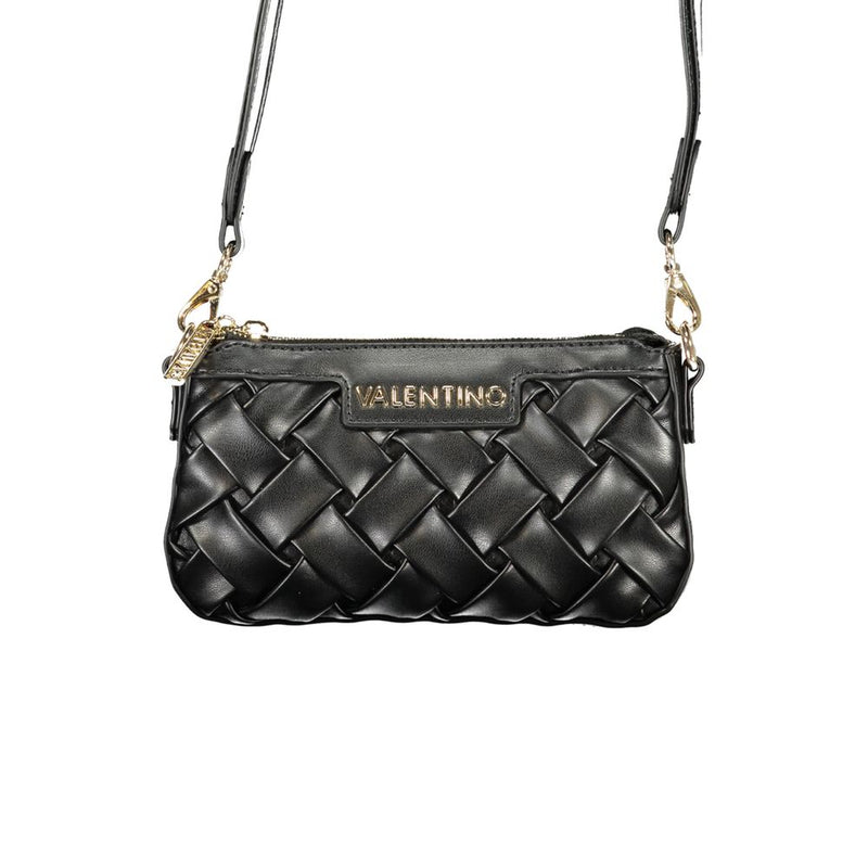 Black woven polyurethane crossbody handbag with adjustable shoulder strap and gold hardware