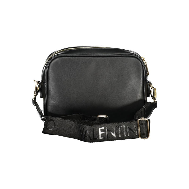 Black polyurethane women's camera bag with a wide branded web strap and gold hardware