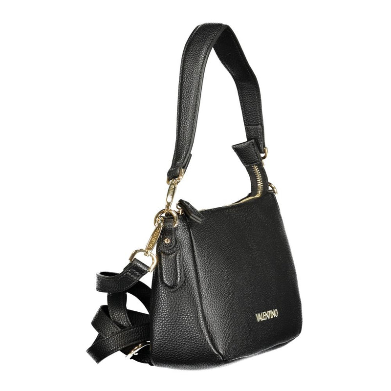 Black textured polyurethane shoulder bag with gold hardware and logo