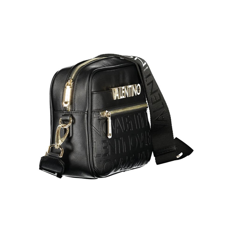 Black polyurethane crossbody bag with embossed logo and gold hardware
