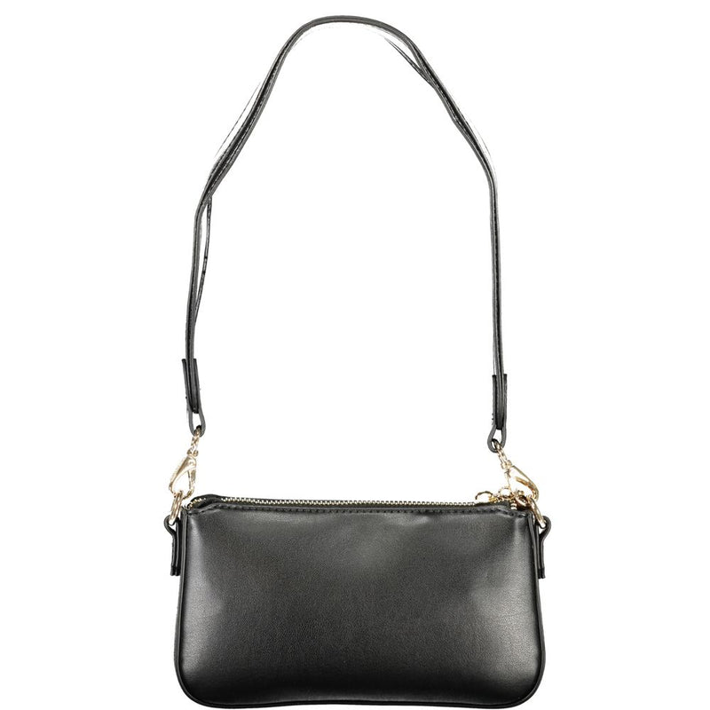 Black polyurethane women's handbag with adjustable shoulder strap and gold hardware