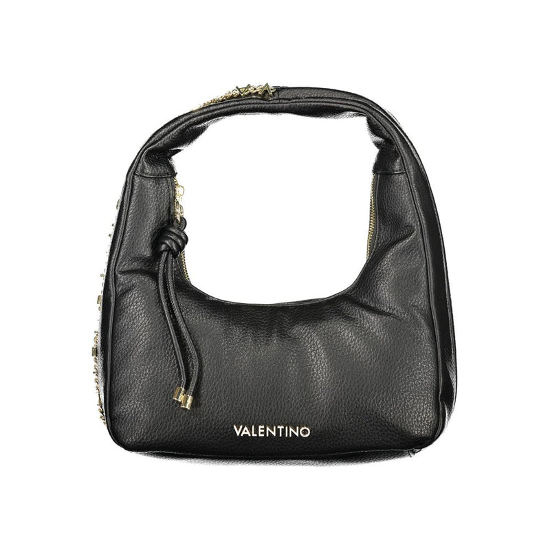 Black polyurethane shoulder bag with textured finish, gold hardware, and zipper closure