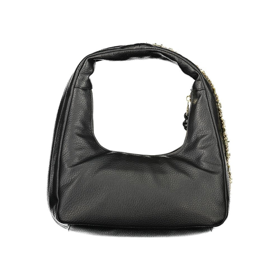Black polyurethane shoulder bag with textured finish, gold hardware, and zipper closure