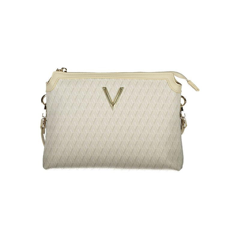 Beige polyurethane women's crossbody bag with a geometric monogram pattern and a gold V logo