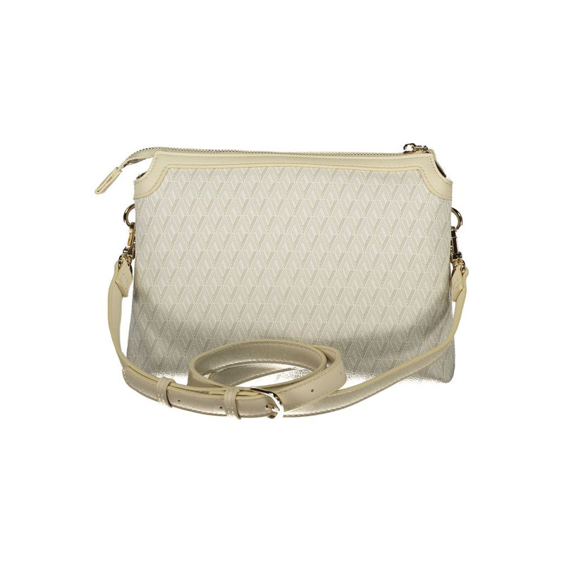 Beige polyurethane women's crossbody bag with patterned texture and adjustable strap