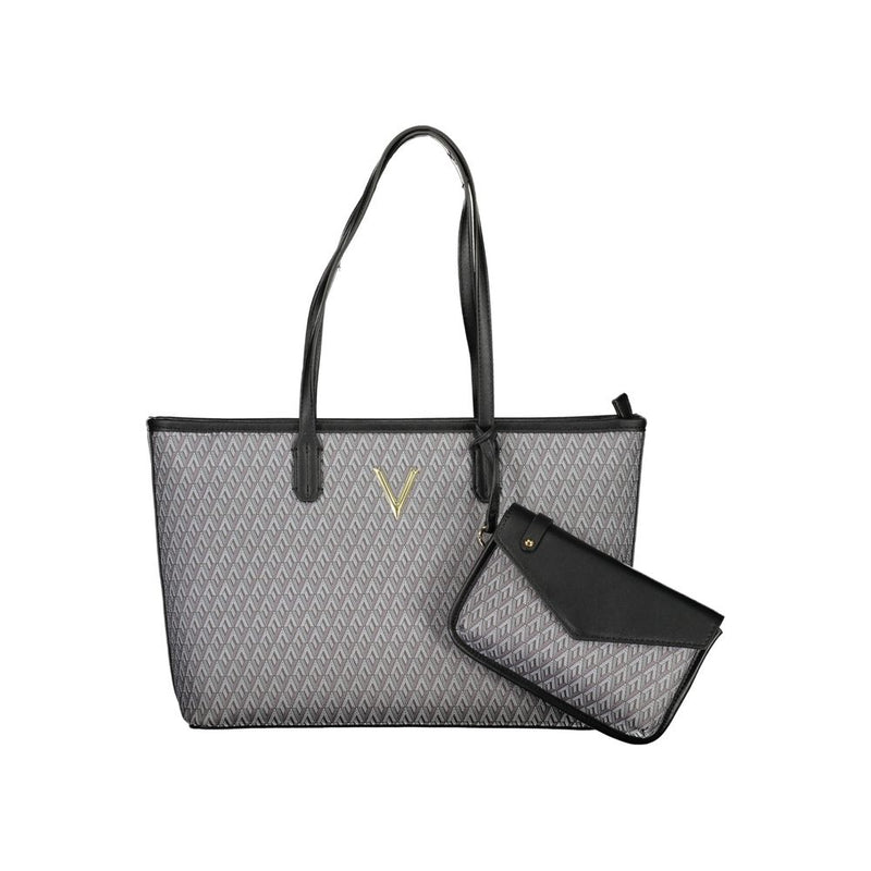Black and grey polyurethane tote bag with geometric pattern and matching clutch