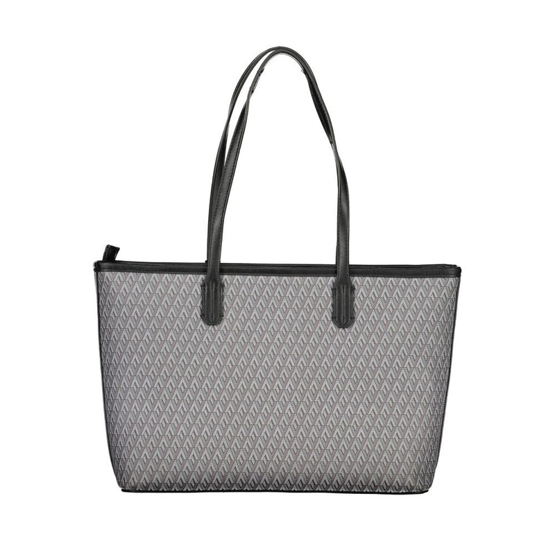Black polyurethane tote bag with gray geometric pattern and dual top handles