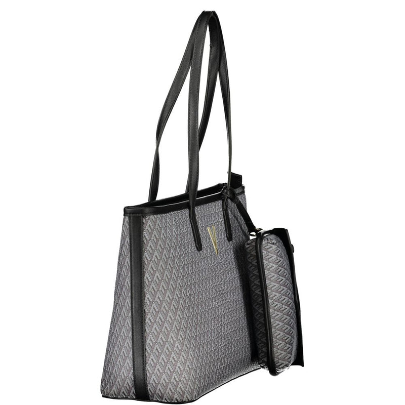 Black polyurethane tote bag with double top handles and a repeating geometric pattern with a matching pouch