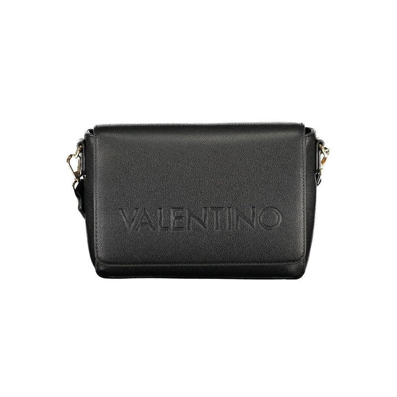 Black polyurethane Valentino crossbody bag with a textured finish and embossed logo on the flap