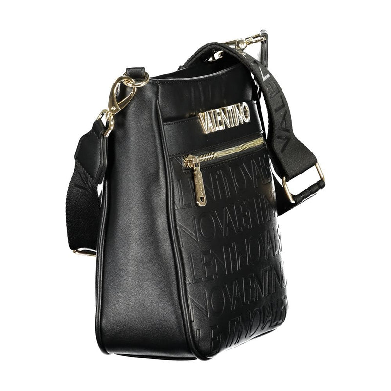Black polyurethane women's crossbody bag with embossed logo and gold hardware