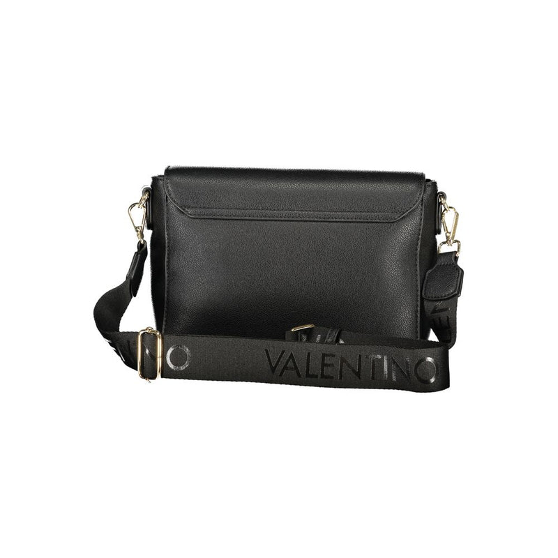 Black polyurethane women's crossbody bag with a wide branded strap