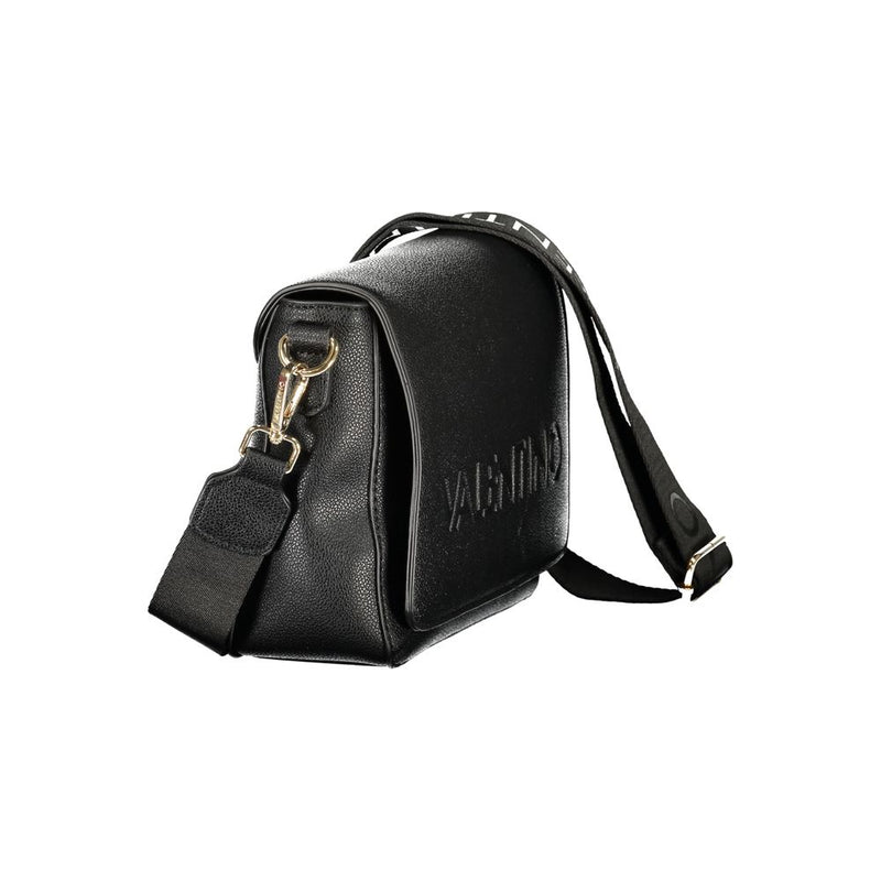 Black polyurethane women's crossbody bag with a flap closure, gold hardware, and a thick branded shoulder strap