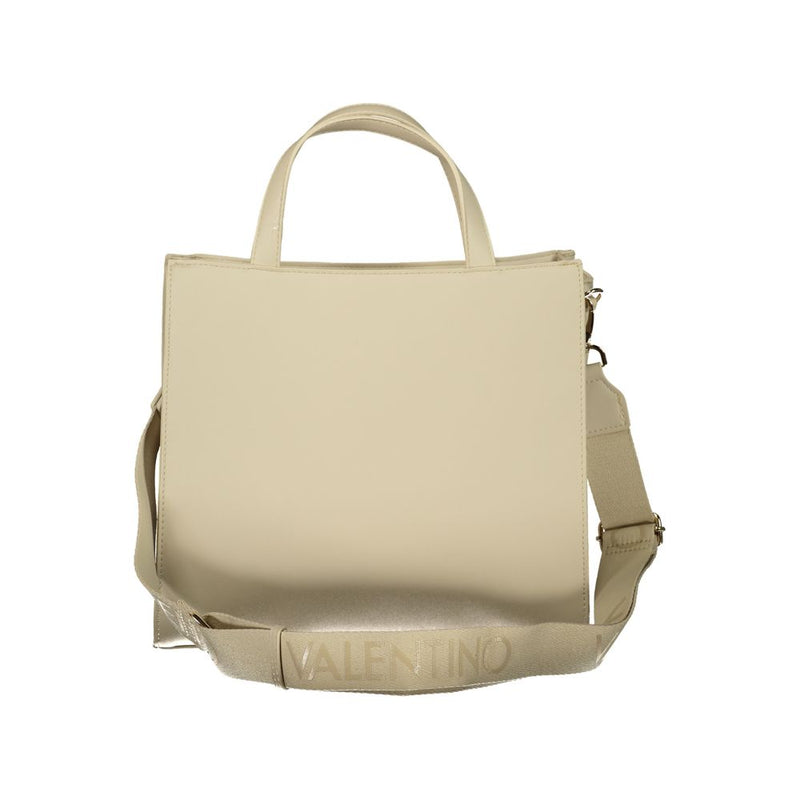 Beige polyurethane tote bag with short top handles and a wide branded shoulder strap