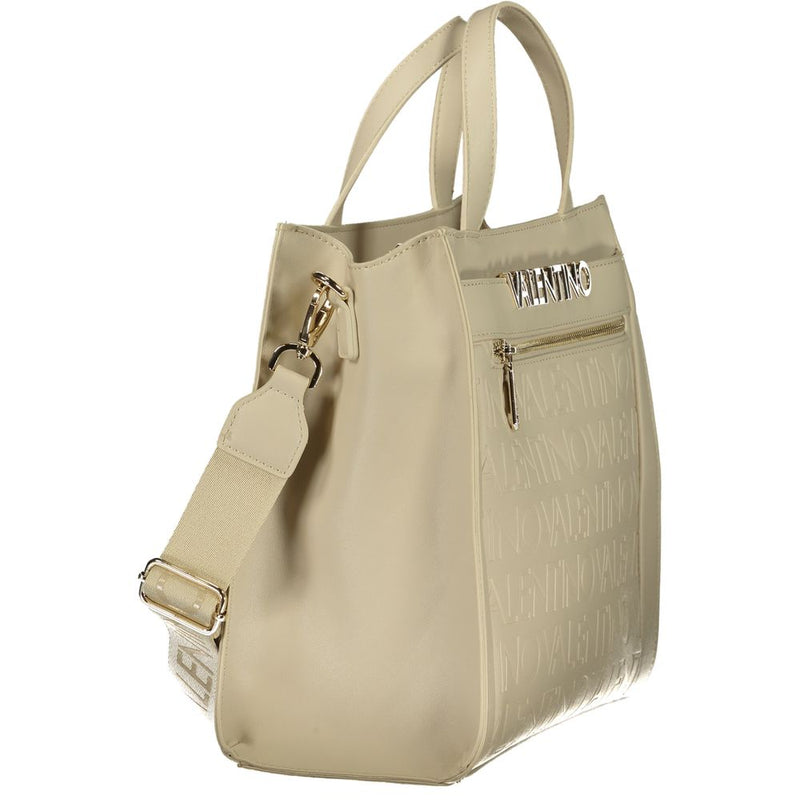 Beige polyurethane Mario Valentino women's tote bag with top handles, embossed logo, and a shoulder strap