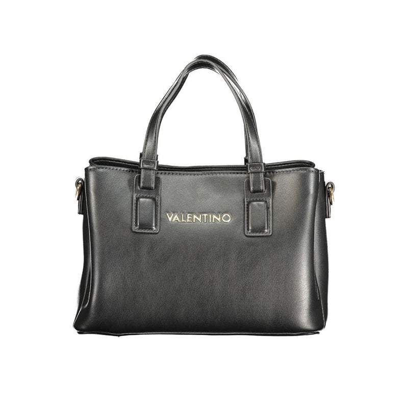 Black polyurethane women's handbag with two top handles and gold Valentino logo