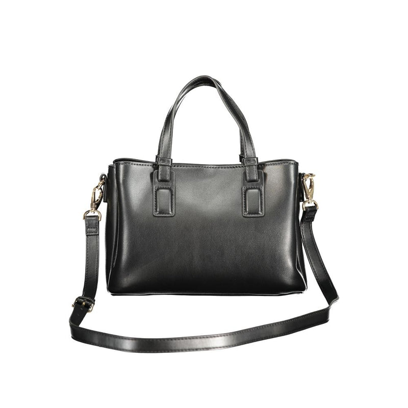 Black polyurethane structured women’s handbag with dual top handles and a detachable shoulder strap
