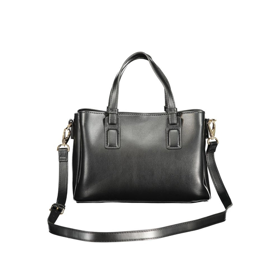 Black polyurethane women's handbag with two top handles and gold Valentino logo