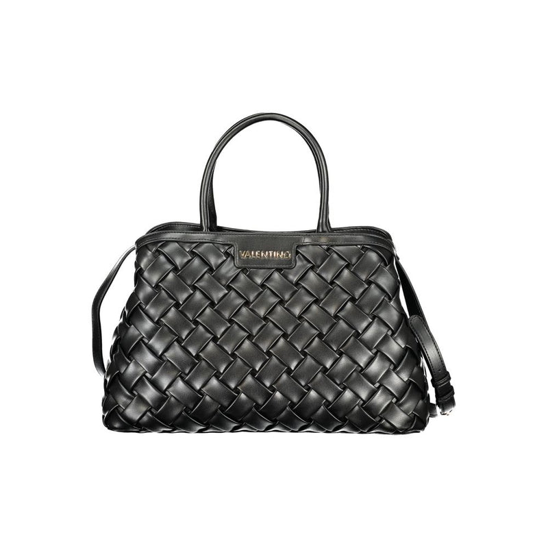 Black woven polyurethane women's handbag with top handles and a gold logo