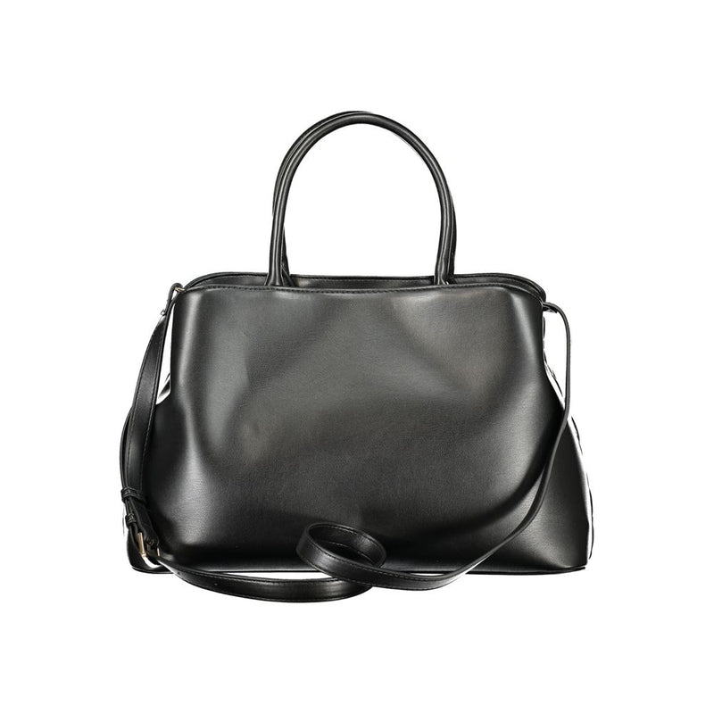 Black polyurethane women's handbag with top handles and a shoulder strap