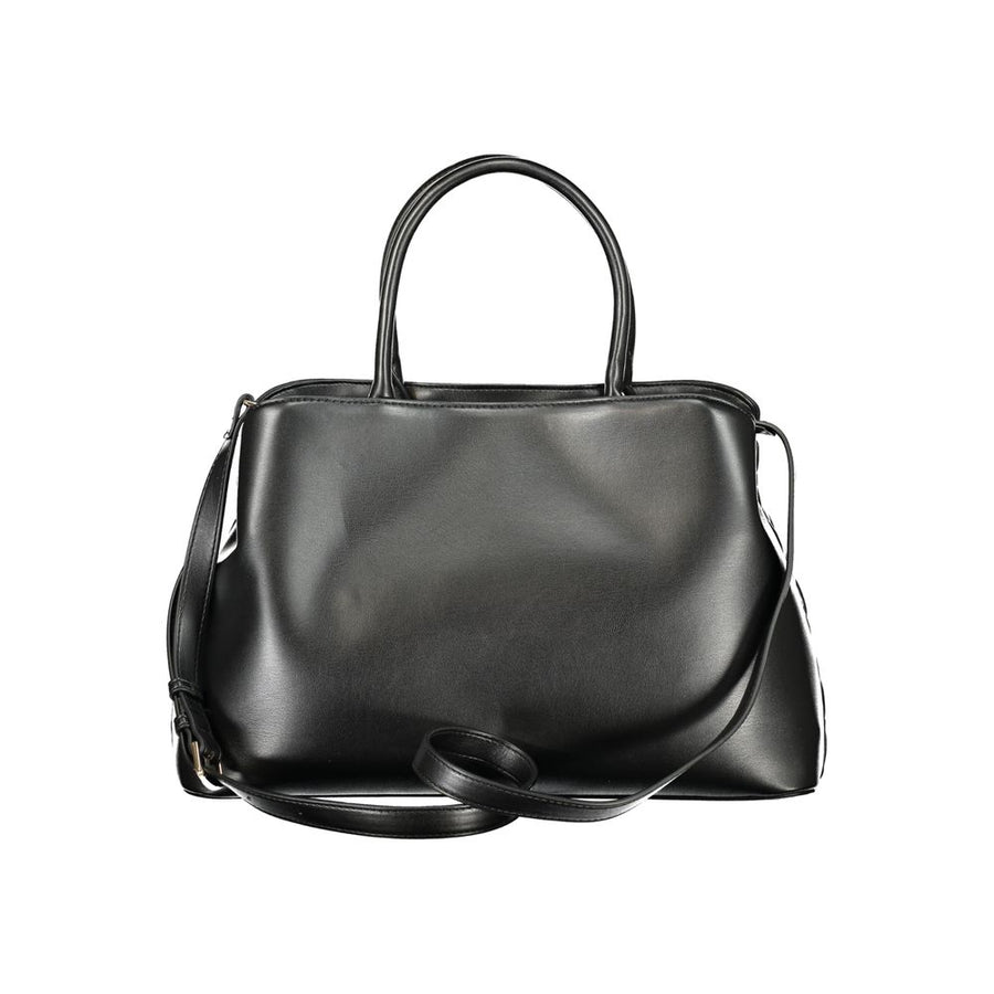 Black woven polyurethane women's handbag with top handles and a gold logo