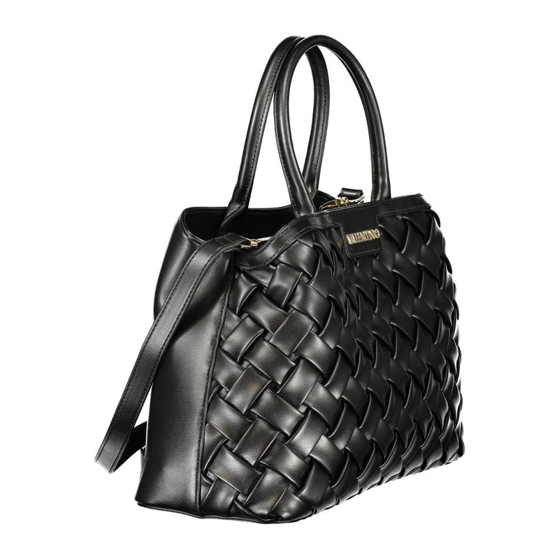 Black polyurethane woven tote bag with dual top handles and a shoulder strap